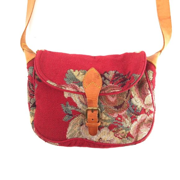 Vintage Ralph Lauren Needlepoint Tapestry Crossbody Bag Leather Strap Ruby Red - Picture 2 of 16